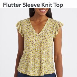 Beacon Yellow and Purple Floral Flutter Sleeve Top NWOT